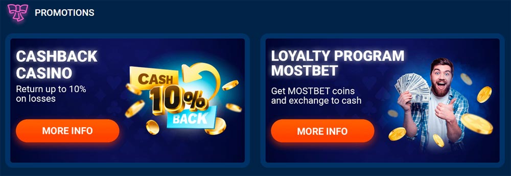 Image displaying various sections of Mostbet Thai casino's promotional bonuses, including deposit bonuses, free spins, and loyalty rewards.
