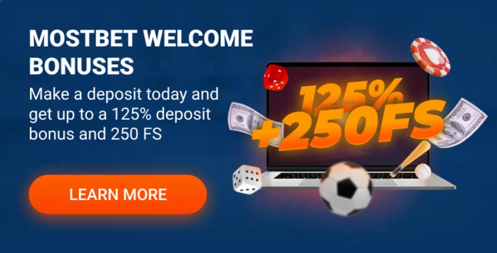 Colorful banner showcasing Mostbet Thai casino's welcome bonus offering up to 125% bonus and 250 free spins for new players.